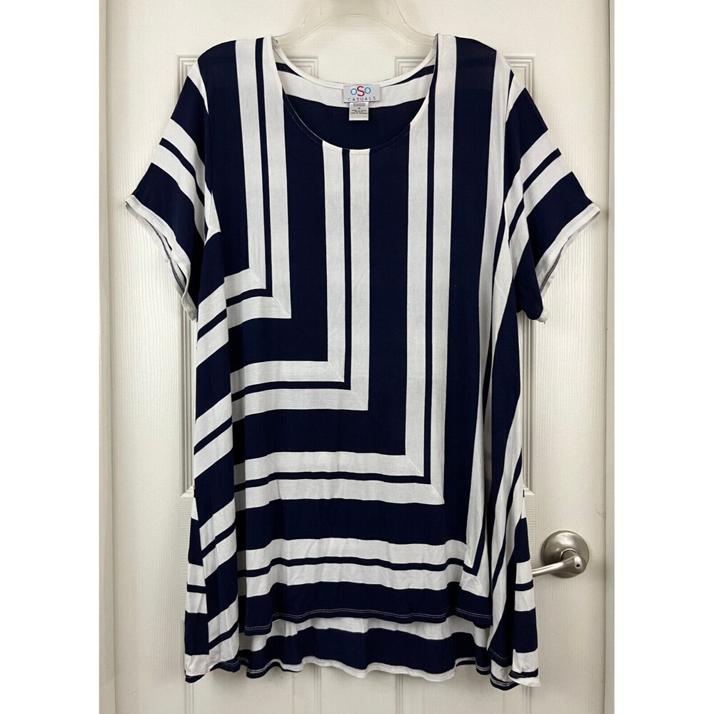 OSO CASUALS - Navy Stripe Short Sleeve Scoop Neck Hi-Low Knit Tunic Top size 1X